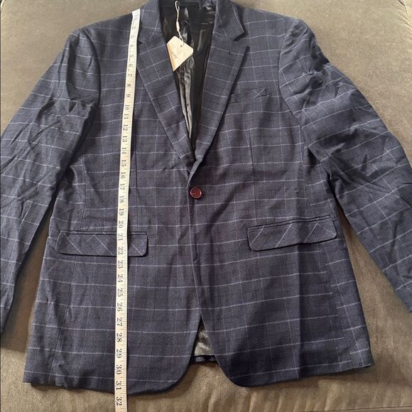 Men’s Dark Blue Plaid Slim Fit 3 Piece Business Formal Suit Jacket 42 Pants 40 - Picture 5 of 14